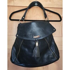 Onna Ehrlich Black Pebbled Leather Tassel Hobo Shoulder Bag Purse Quiet Luxury